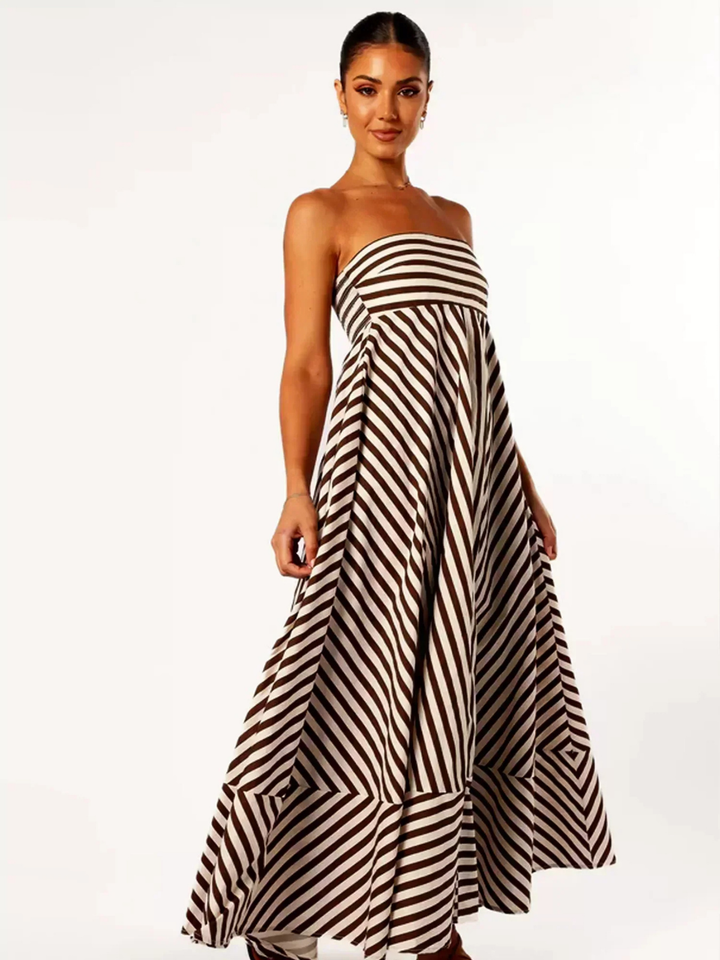 Effortless Brown Striped Maxi Dress for Women with Strapless Smocked Bodice Flowy Boho Style