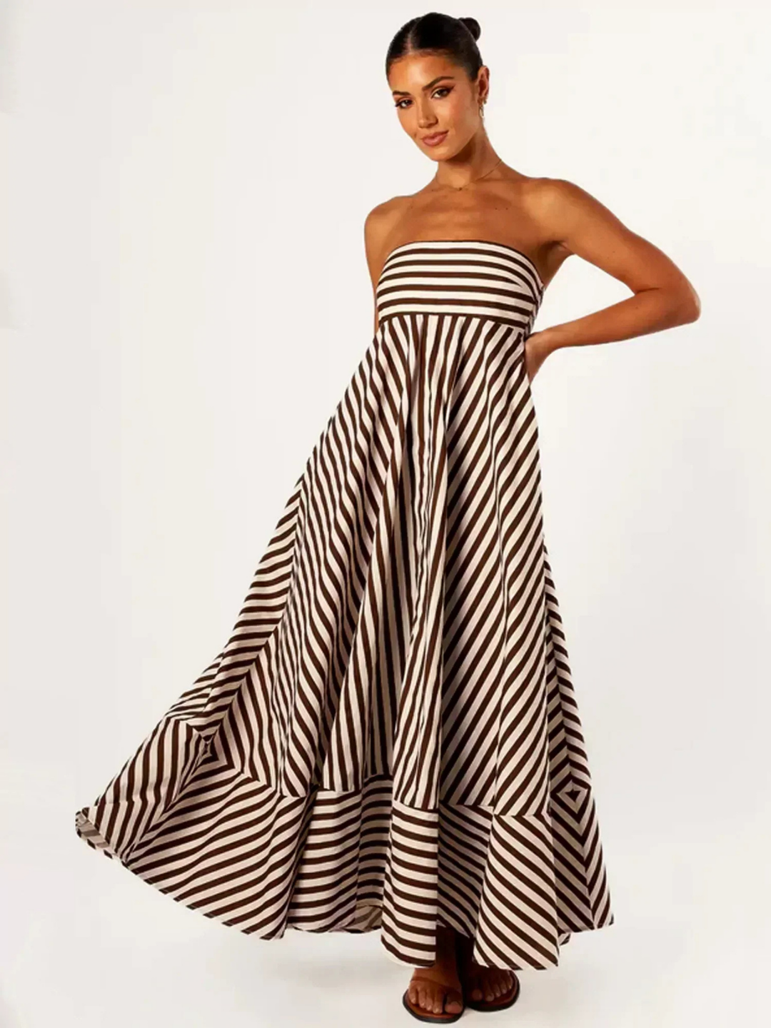 Effortless Brown Striped Maxi Dress for Women with Strapless Smocked Bodice Flowy Boho Style