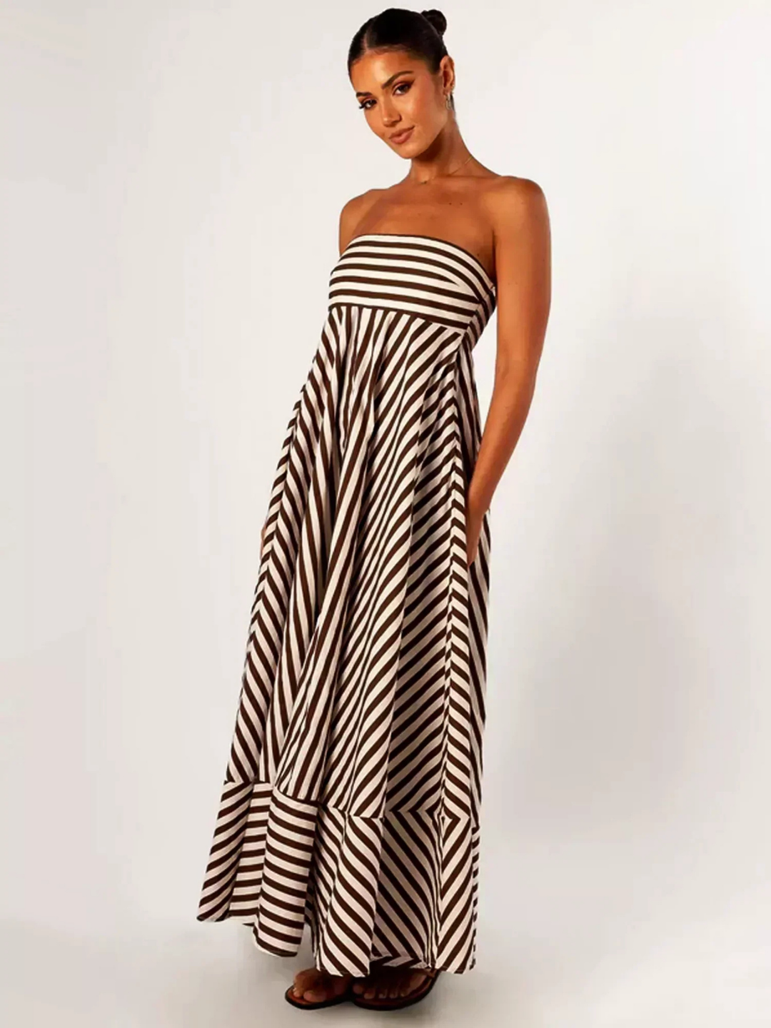Effortless Brown Striped Maxi Dress for Women with Strapless Smocked Bodice Flowy Boho Style