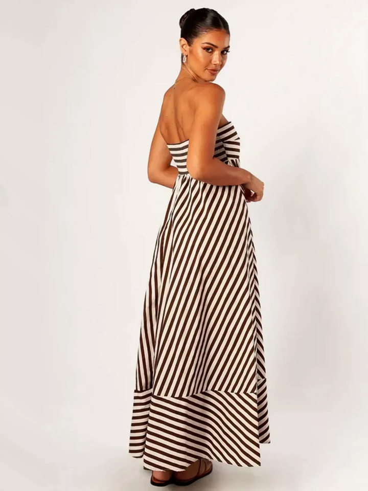 Effortless Brown Striped Maxi Dress for Women with Strapless Smocked Bodice Flowy Boho Style