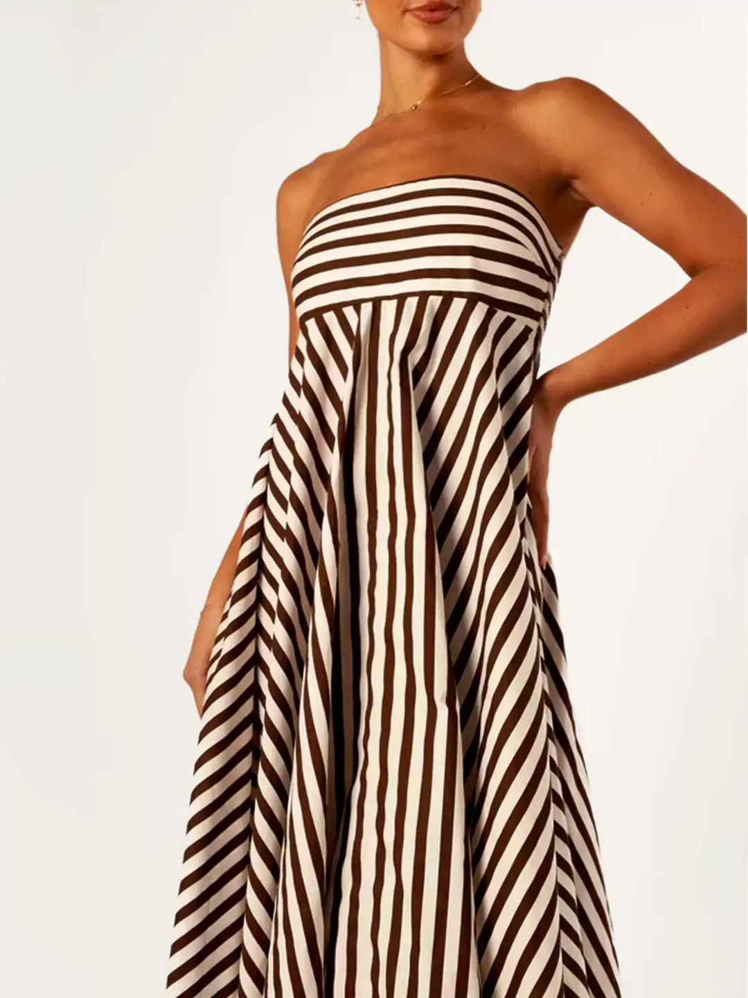 Effortless Brown Striped Maxi Dress for Women with Strapless Smocked Bodice Flowy Boho Style