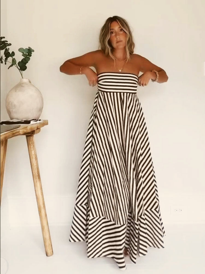 Effortless Brown Striped Maxi Dress for Women with Strapless Smocked Bodice Flowy Boho Style