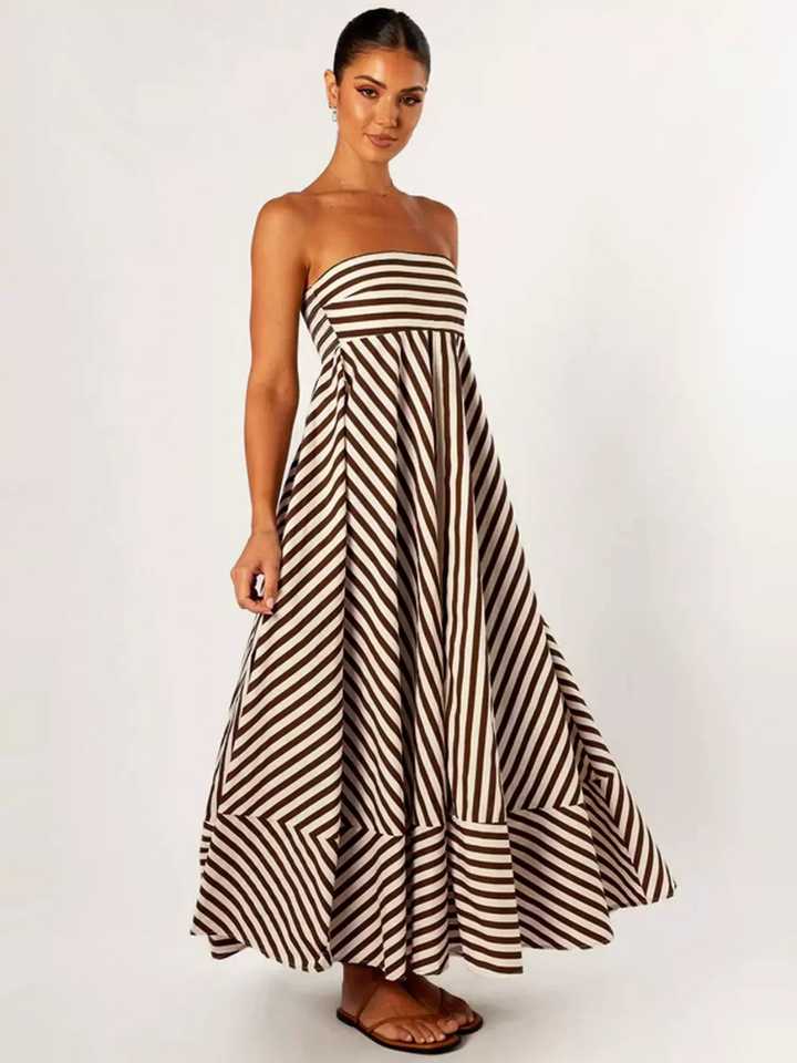 Effortless Brown Striped Maxi Dress for Women with Strapless Smocked Bodice Flowy Boho Style