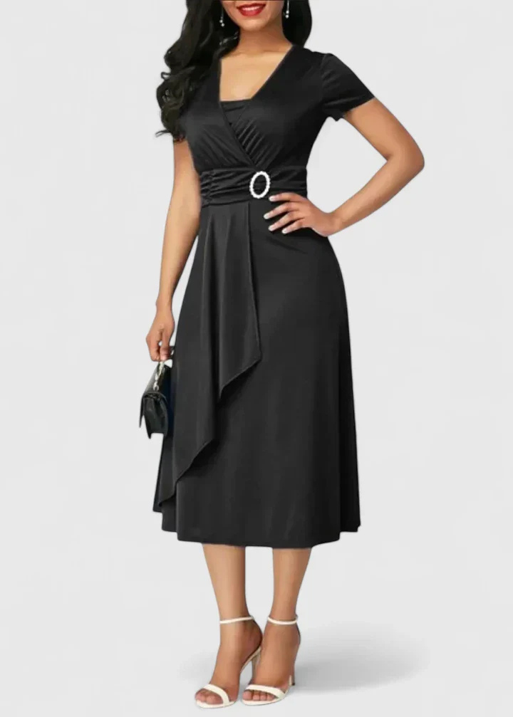 Elegant Satin Midi Dress for Women with V-Neck Short Sleeve Ruffle Waist Formal Wedding Guest Style