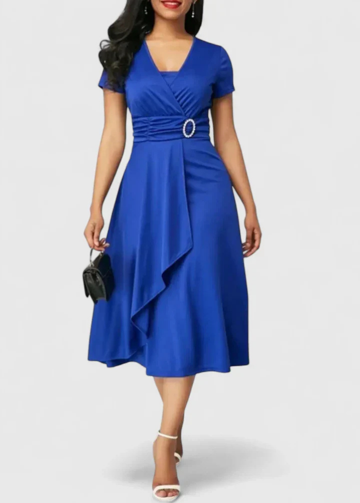 Elegant Satin Midi Dress for Women with V-Neck Short Sleeve Ruffle Waist Formal Wedding Guest Style