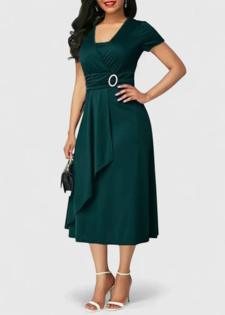 Elegant Satin Midi Dress for Women with V-Neck Short Sleeve Ruffle Waist Formal Wedding Guest Style