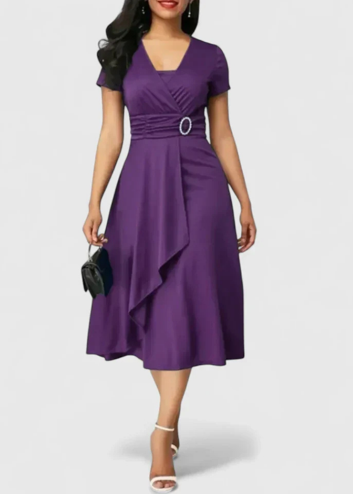 Elegant Satin Midi Dress for Women with V-Neck Short Sleeve Ruffle Waist Formal Wedding Guest Style
