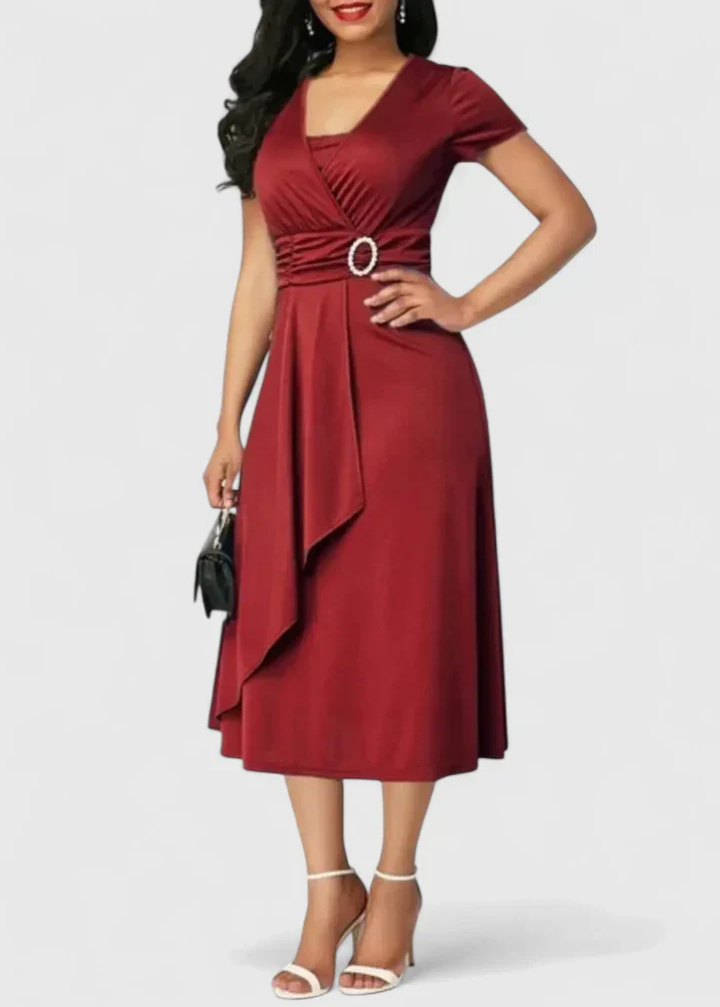 Elegant Satin Midi Dress for Women with V-Neck Short Sleeve Ruffle Waist Formal Wedding Guest Style