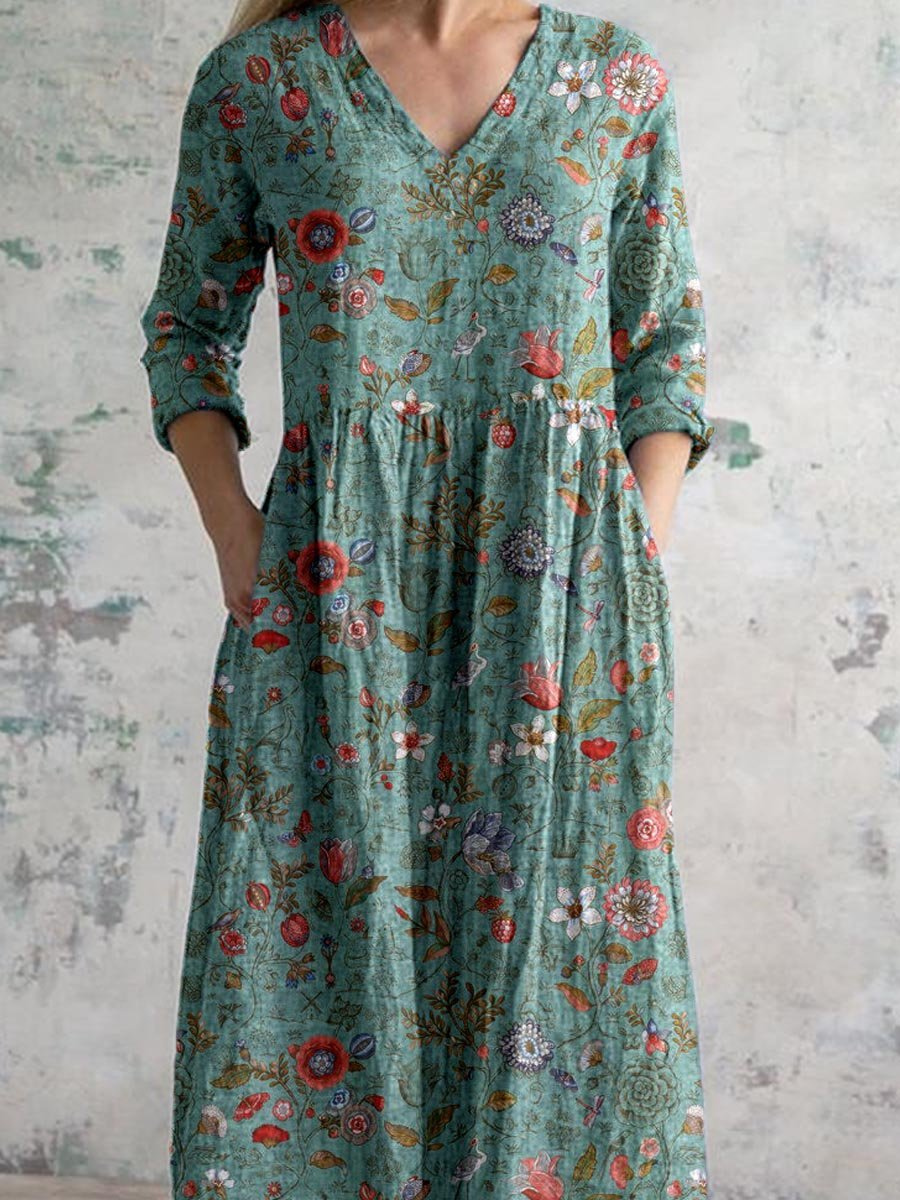 Hazel | Cotton Floral V Neck Elbow Sleeve Pocket Maxi Dress
