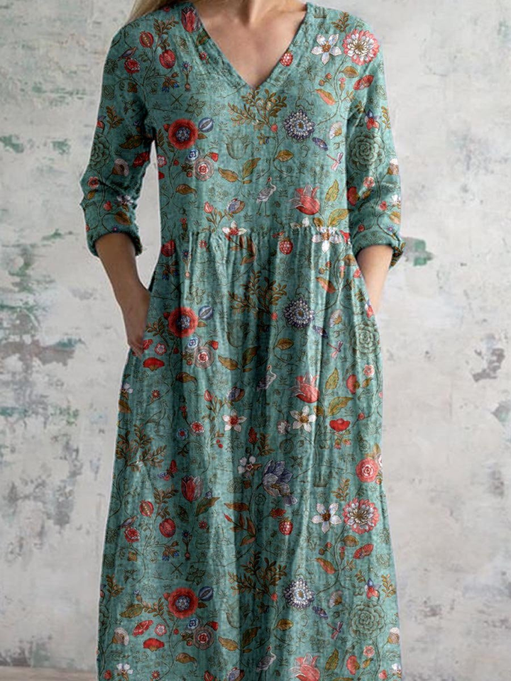 Hazel | Cotton Floral V Neck Elbow Sleeve Pocket Maxi Dress