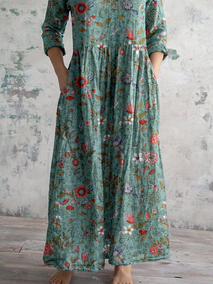 Hazel | Cotton Floral V Neck Elbow Sleeve Pocket Maxi Dress