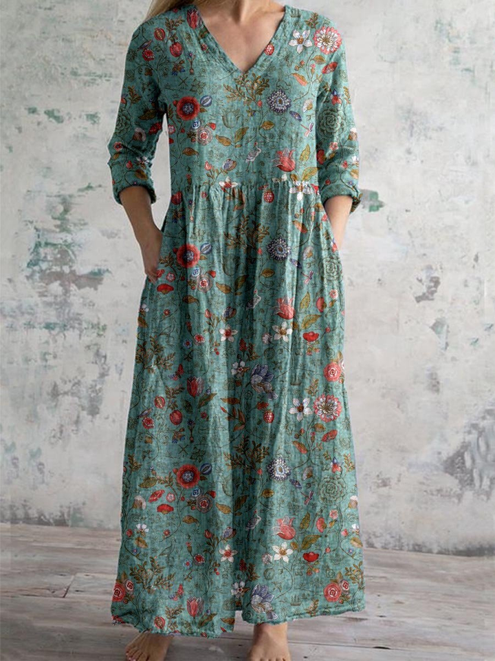 Hazel | Cotton Floral V Neck Elbow Sleeve Pocket Maxi Dress