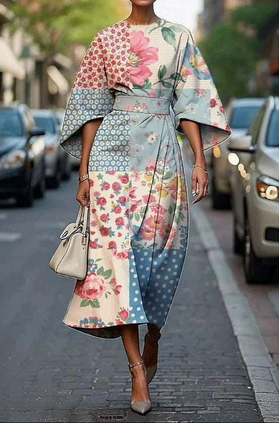 Delilah | Floral Embroidered Kimono Sleeve Belted Midi Dress