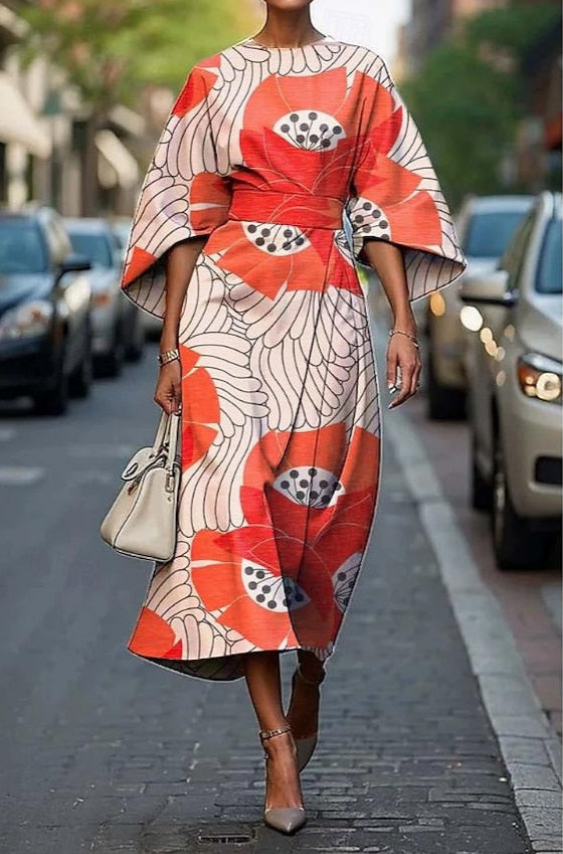 Delilah | Floral Embroidered Kimono Sleeve Belted Midi Dress