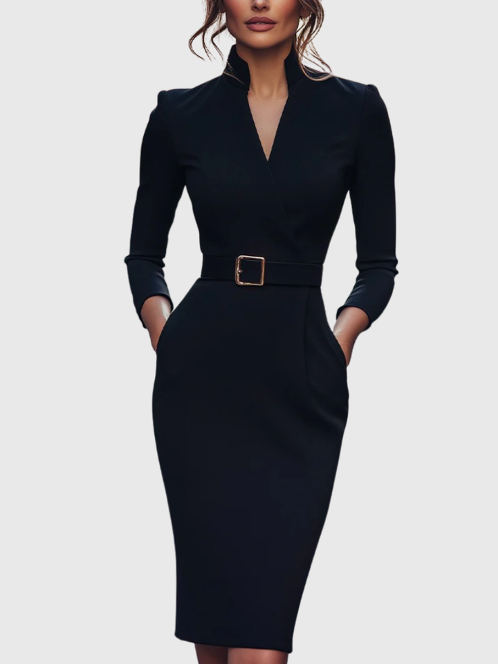 Vivienne | Stretch Belted Wrap V Neck Pencil Midi Dress