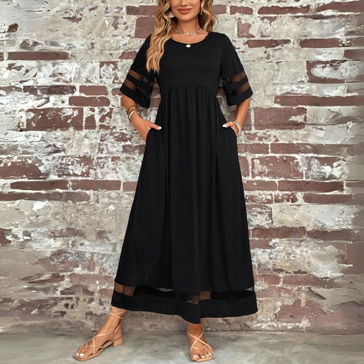 Roxanne | Stretch Mesh Panel Gathered Waist Elbow Sleeve Maxi Dress