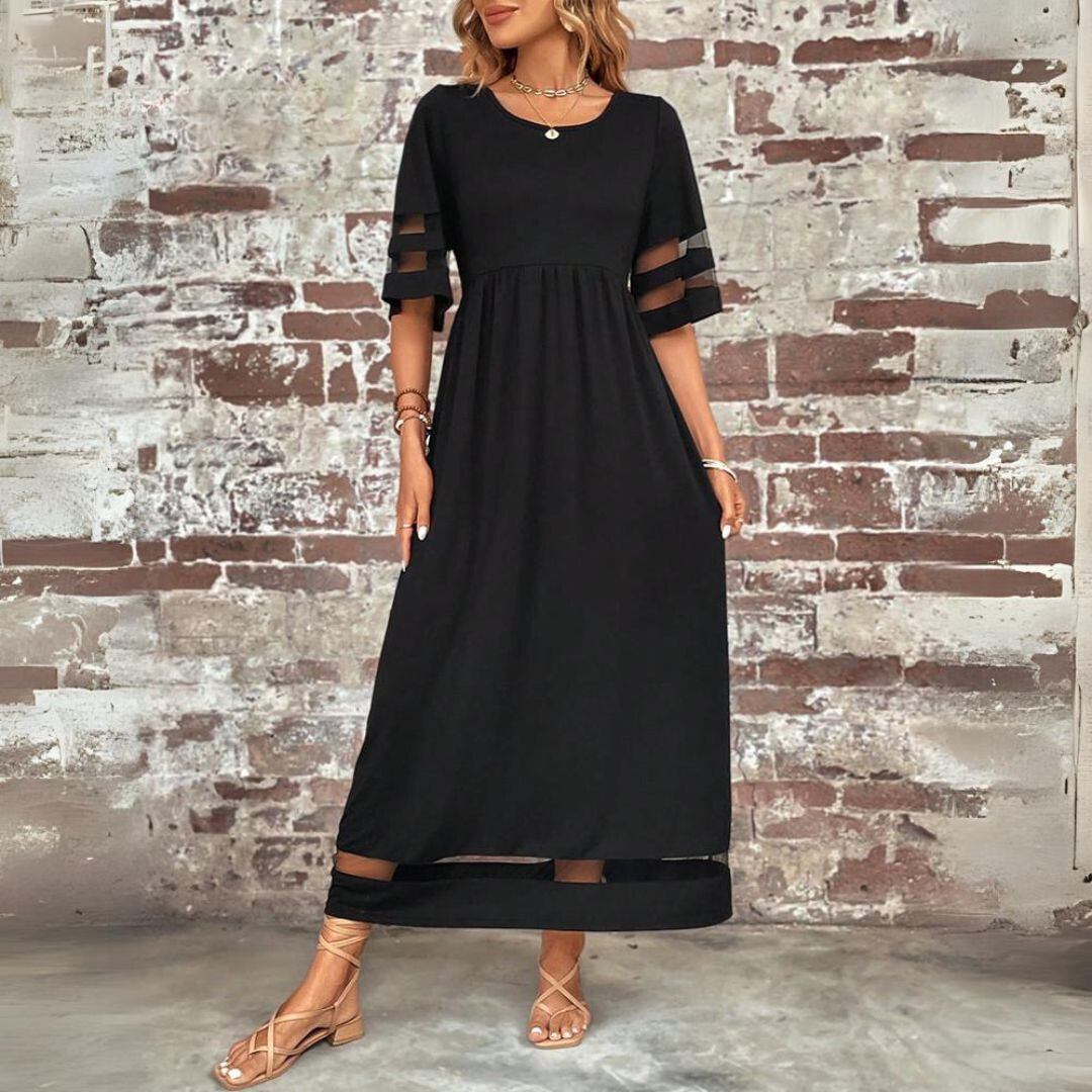 Roxanne | Stretch Mesh Panel Gathered Waist Elbow Sleeve Maxi Dress