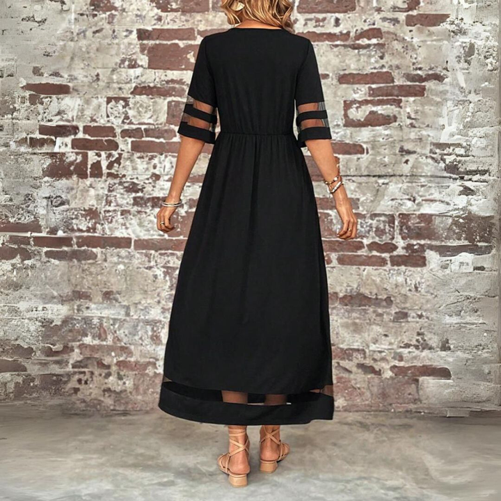 Roxanne | Stretch Mesh Panel Gathered Waist Elbow Sleeve Maxi Dress