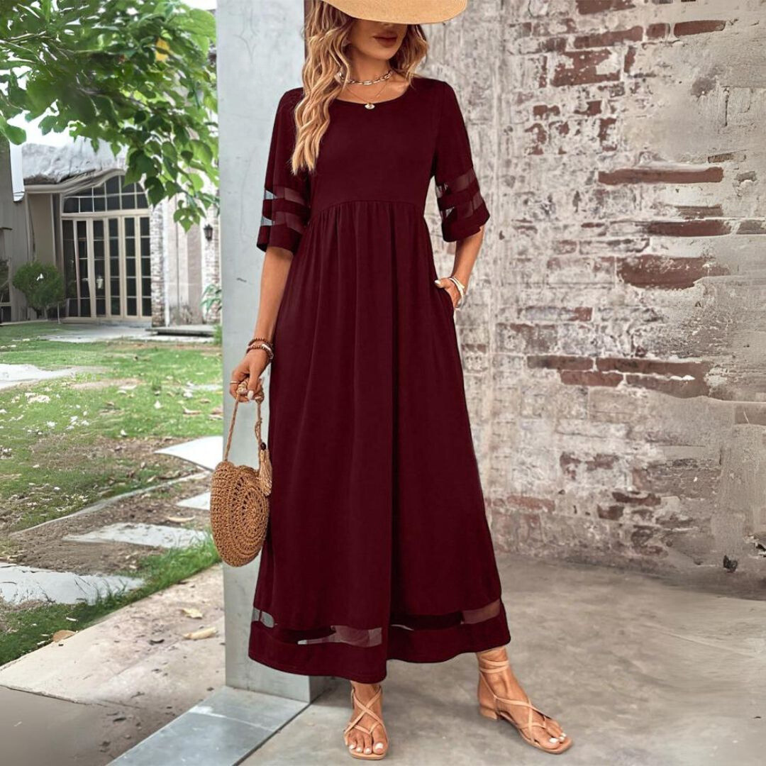 Roxanne | Stretch Mesh Panel Gathered Waist Elbow Sleeve Maxi Dress