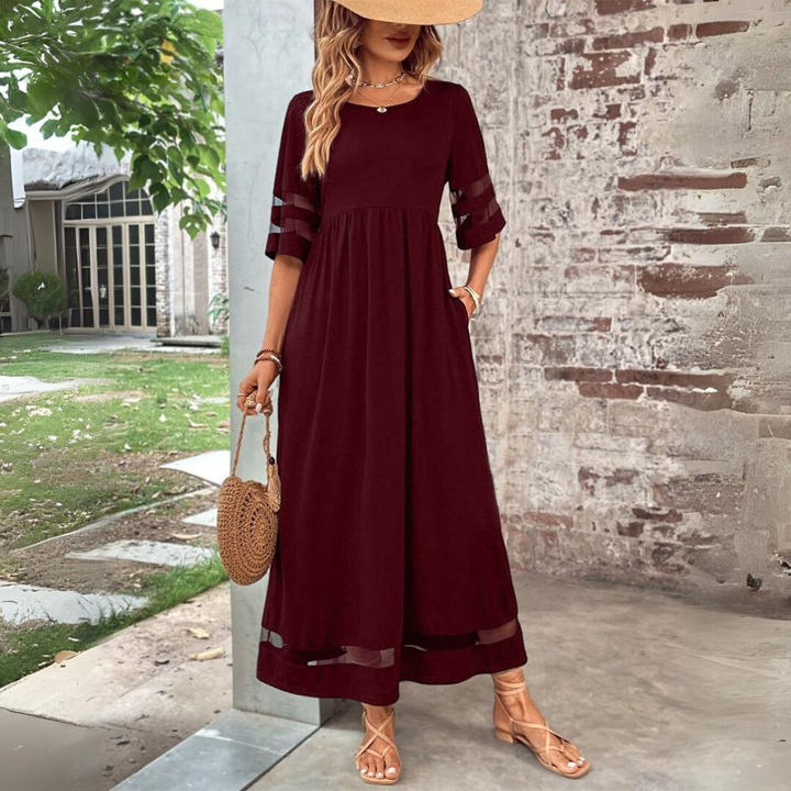 Roxanne | Stretch Mesh Panel Gathered Waist Elbow Sleeve Maxi Dress