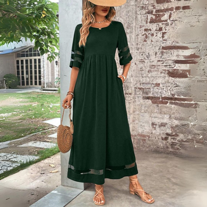 Roxanne | Stretch Mesh Panel Gathered Waist Elbow Sleeve Maxi Dress