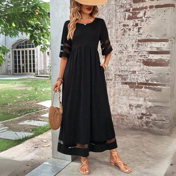 Roxanne | Stretch Mesh Panel Gathered Waist Elbow Sleeve Maxi Dress