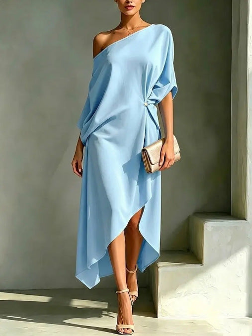 Elegant Satin One Shoulder Maxi Cocktail Dress for Women with Batwing Sleeve High Low Draped Hem
