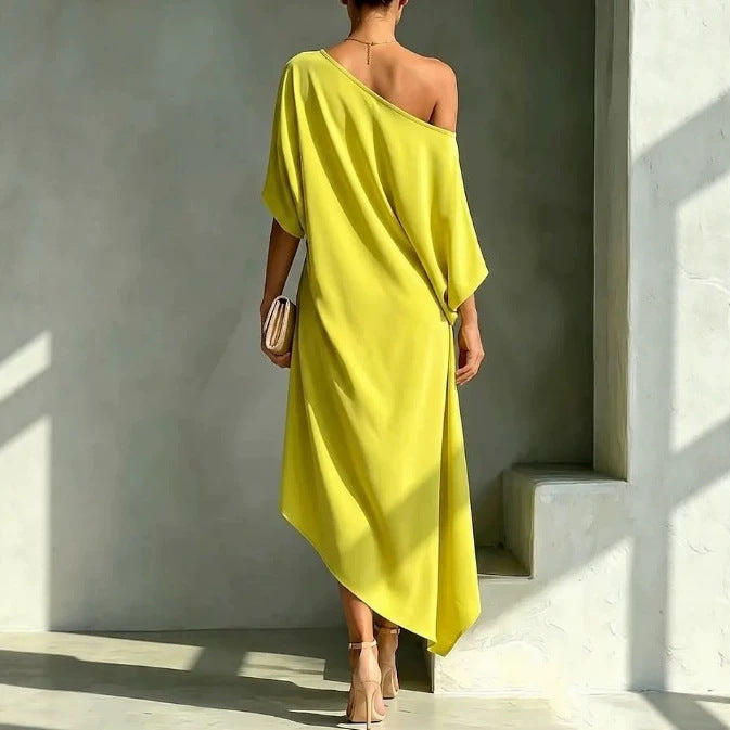 Elegant Satin One Shoulder Maxi Cocktail Dress for Women with Batwing Sleeve High Low Draped Hem