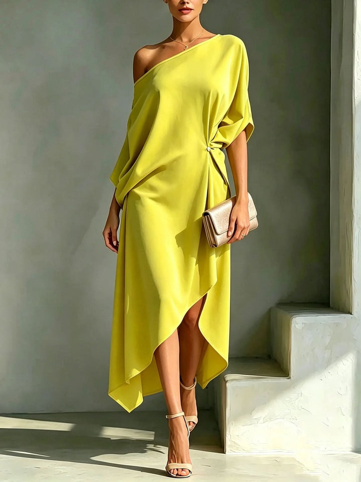 Elegant Satin One Shoulder Maxi Cocktail Dress for Women with Batwing Sleeve High Low Draped Hem