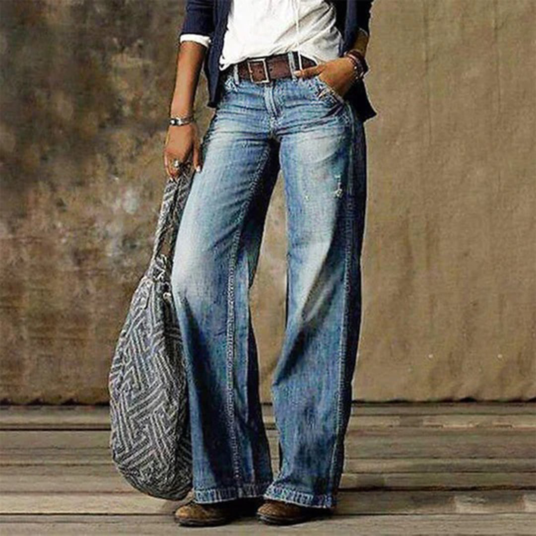 Effortless Blue Wide Leg Jeans for Women with High Waist Relaxed Faded Denim Style