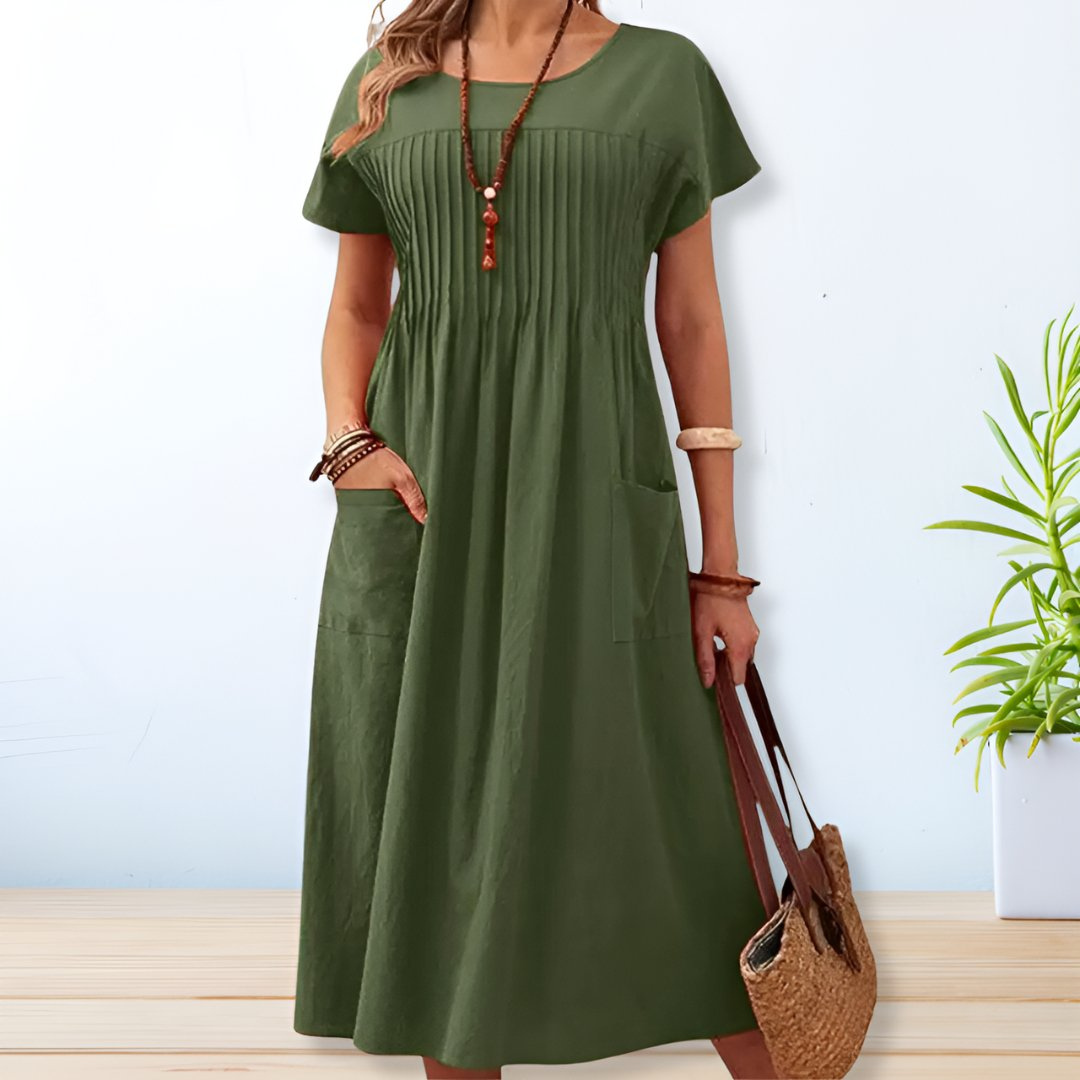 Amara | Linen Pintuck Front Pocket Short Sleeve Midi Dress