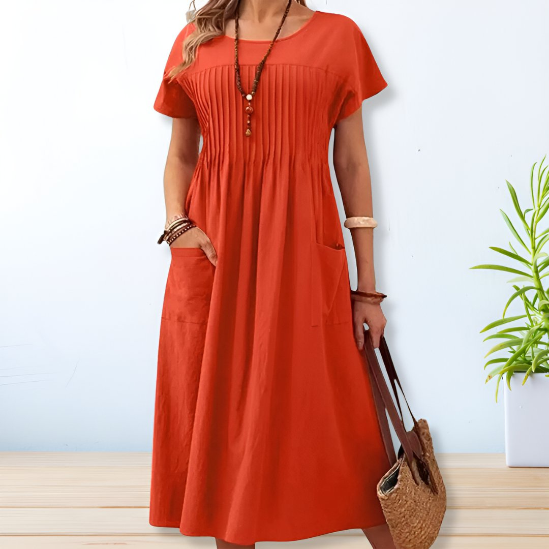 Amara | Linen Pintuck Front Pocket Short Sleeve Midi Dress