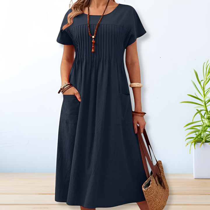 Amara | Linen Pintuck Front Pocket Short Sleeve Midi Dress