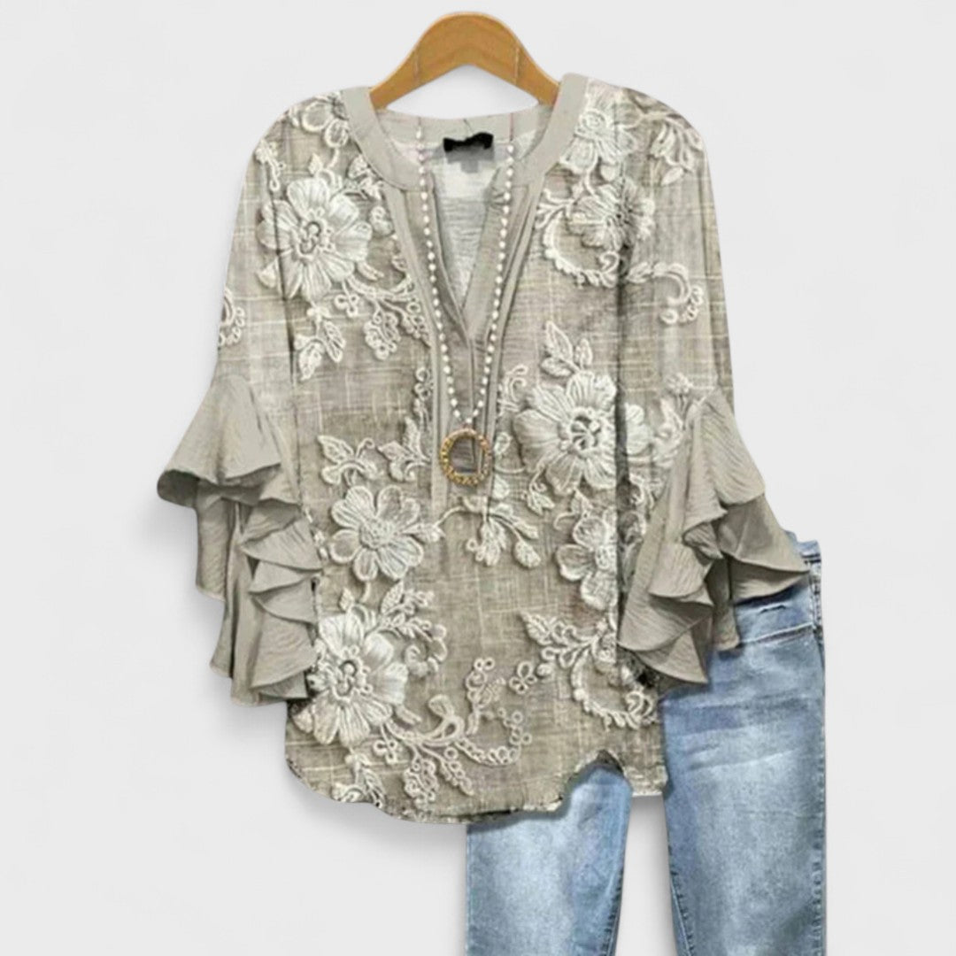 Effortless Floral Print Blouse for Women with V Neck Bell Sleeve Ruffled Relaxed Tunic Style
