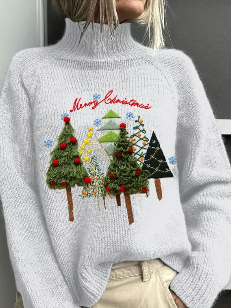 Comfortable White Christmas Tree Embroidered Sweater for Women with High Neck Long Sleeve Oversized Knit Style