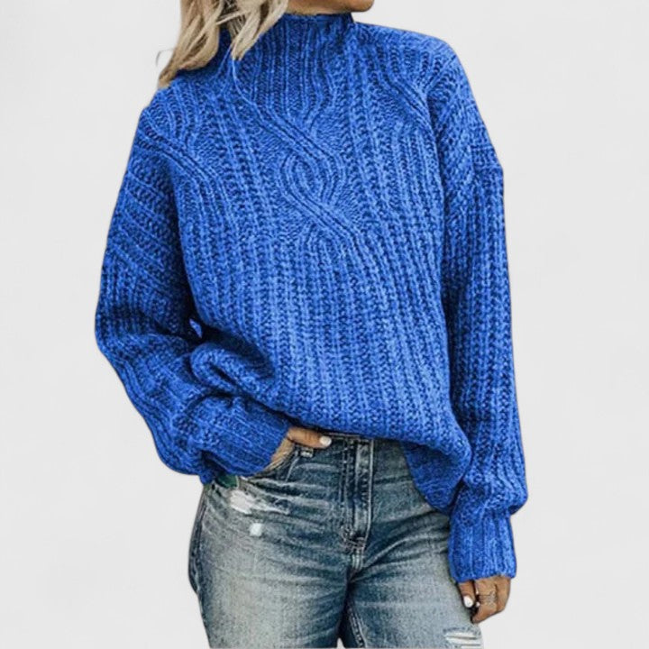Comfortable Cable Knit Sweater for Women with High Neck Balloon Sleeve Relaxed Oversized Style