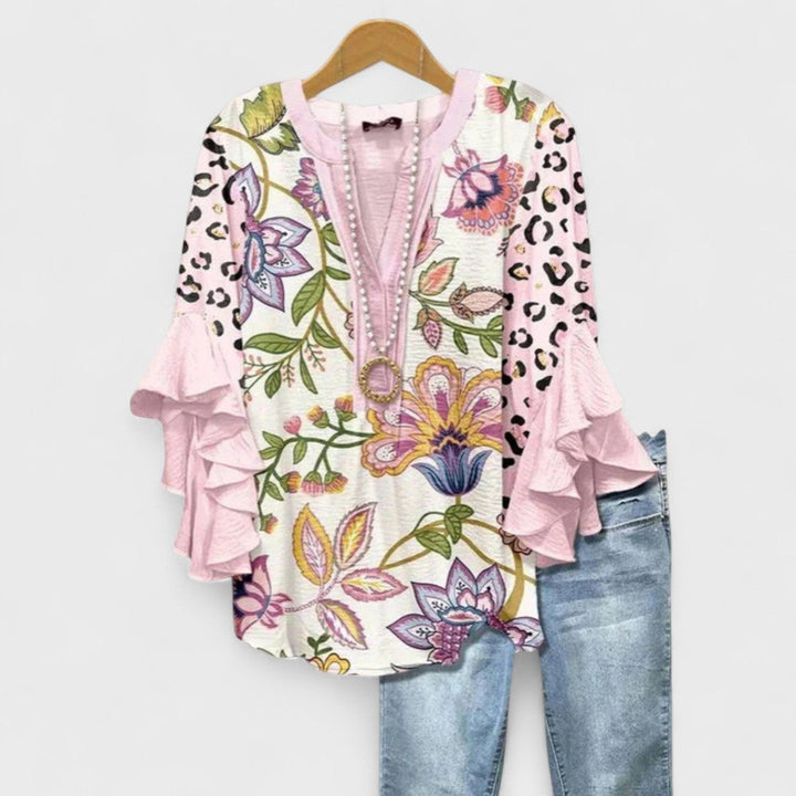 Effortless Floral Print Blouse for Women with V Neck Bell Sleeve Ruffled Relaxed Tunic Style