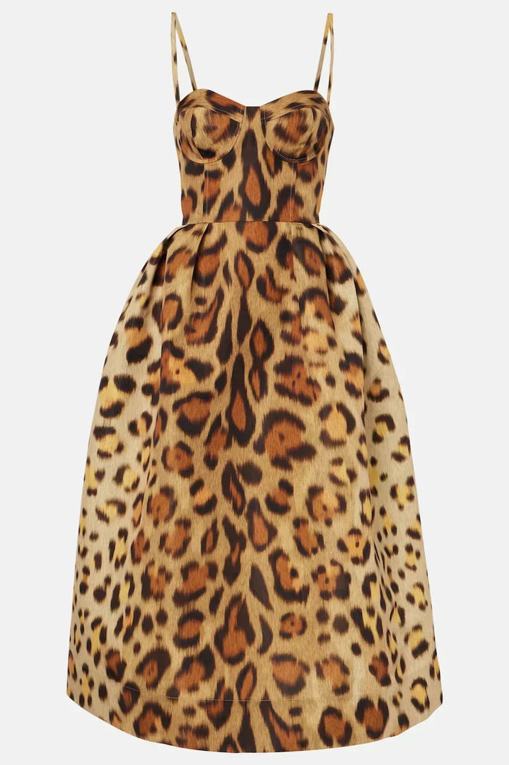Elegant Leopard Print Strapless Cocktail Dress for Women with Structured Bodice Full Midi Skirt
