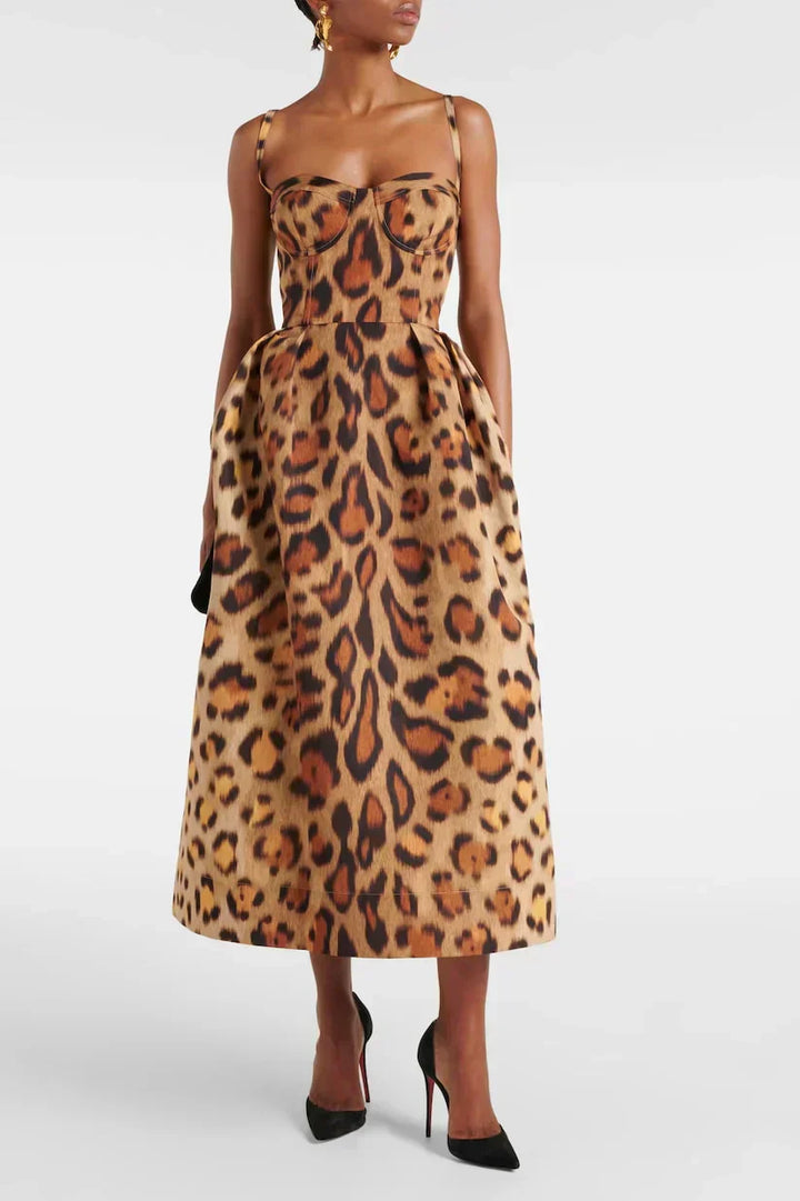 Elegant Leopard Print Strapless Cocktail Dress for Women with Structured Bodice Full Midi Skirt