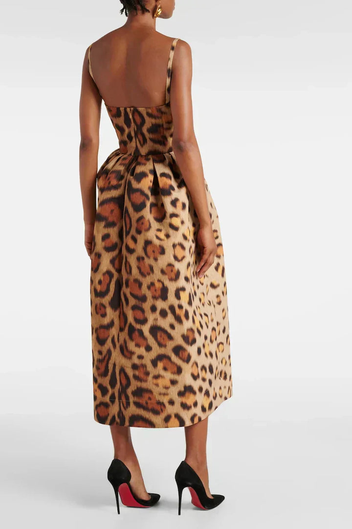Elegant Leopard Print Strapless Cocktail Dress for Women with Structured Bodice Full Midi Skirt