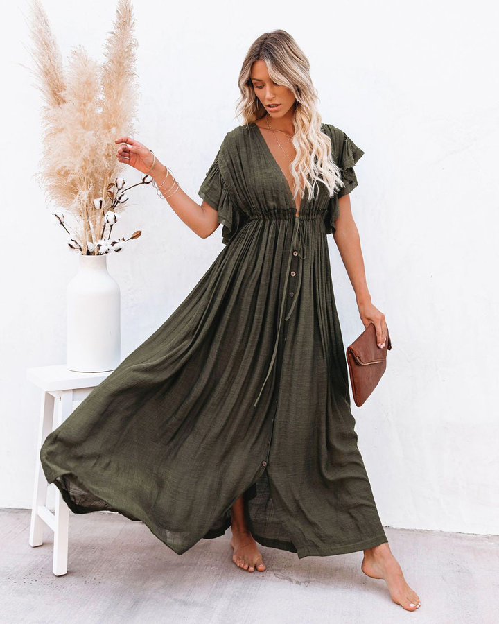 Effortless Boho Maxi Dress for Women with Deep V-Neck Flutter Sleeve Button Front Flowy Style