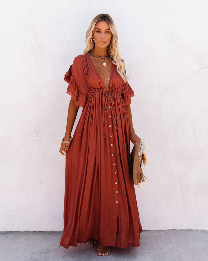 Effortless Boho Maxi Dress for Women with Deep V-Neck Flutter Sleeve Button Front Flowy Style