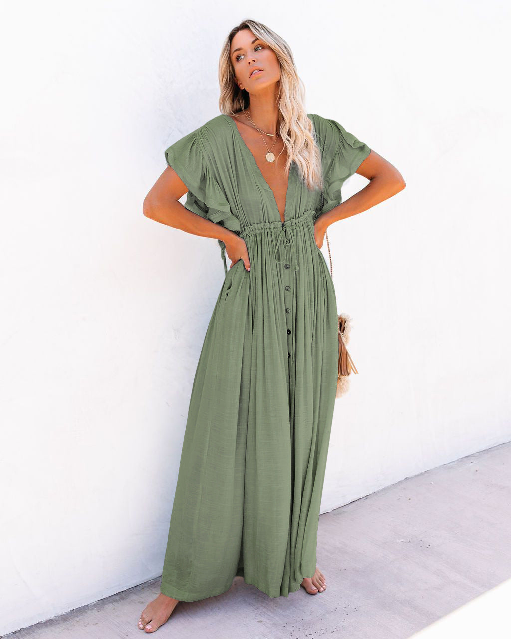 Effortless Boho Maxi Dress for Women with Deep V-Neck Flutter Sleeve Button Front Flowy Style