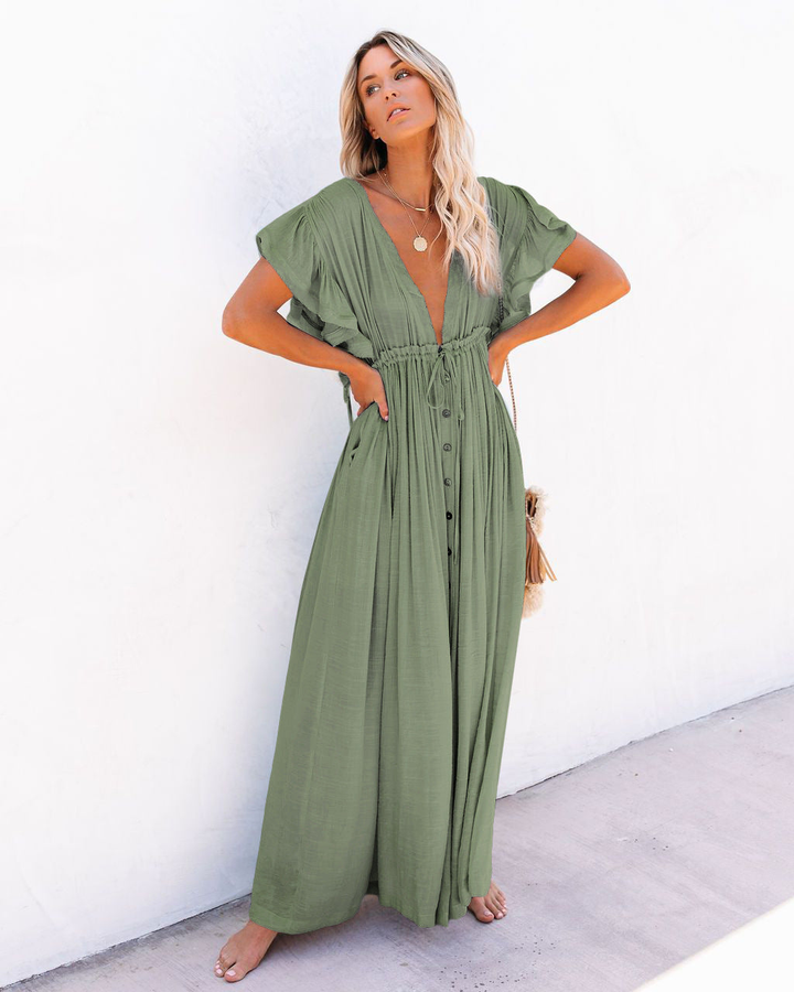 Effortless Boho Maxi Dress for Women with Deep V-Neck Flutter Sleeve Button Front Flowy Style