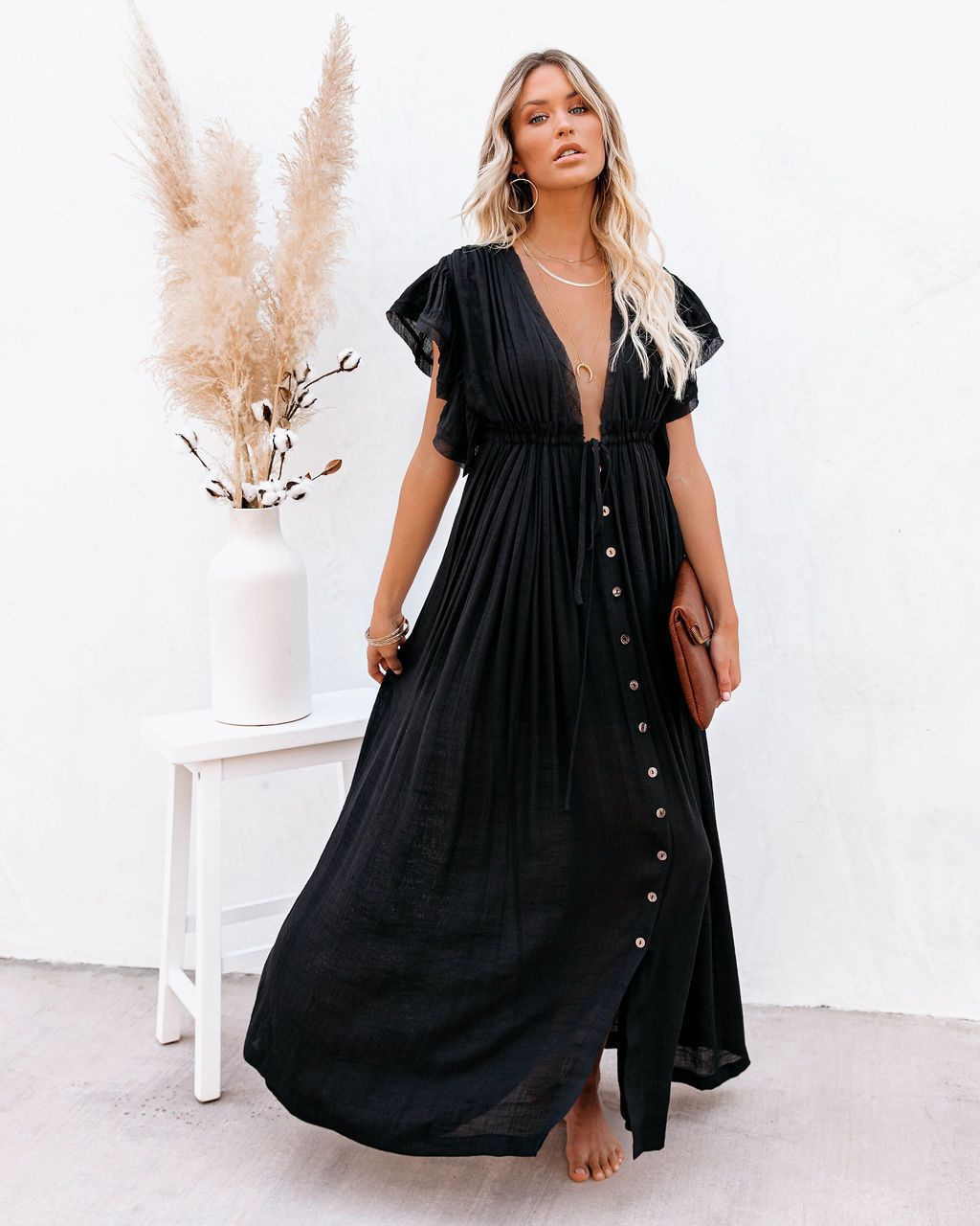 Effortless Boho Maxi Dress for Women with Deep V-Neck Flutter Sleeve Button Front Flowy Style