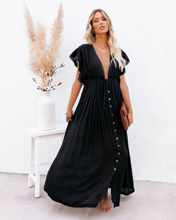 Effortless Boho Maxi Dress for Women with Deep V-Neck Flutter Sleeve Button Front Flowy Style