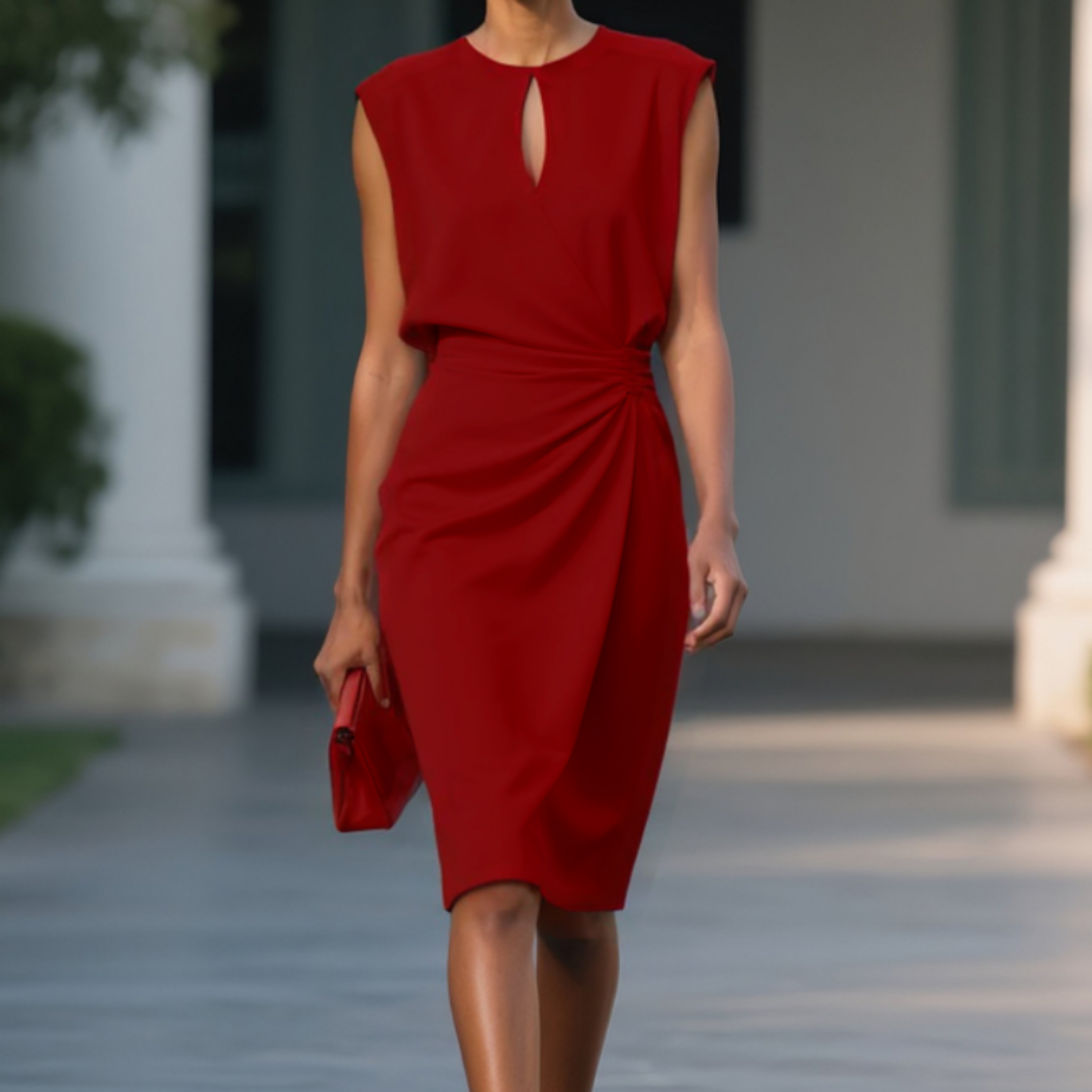 Piper | Stretch Keyhole Neck Ruched Waist Sleeveless Cocktail Midi Dress
