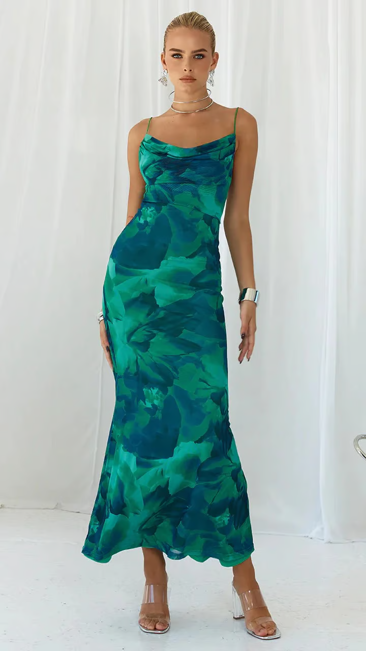 Elegant Green Satin Maxi Dress for Women with Cowl Neck Spaghetti Strap Printed Bodycon Style