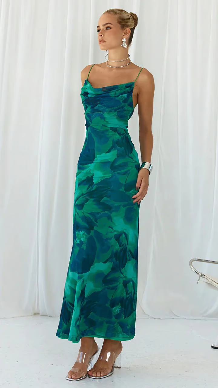 Elegant Green Satin Maxi Dress for Women with Cowl Neck Spaghetti Strap Printed Bodycon Style
