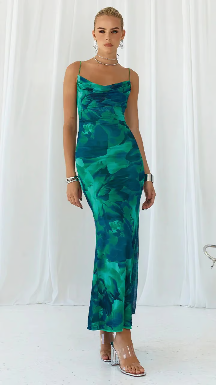 Elegant Green Satin Maxi Dress for Women with Cowl Neck Spaghetti Strap Printed Bodycon Style